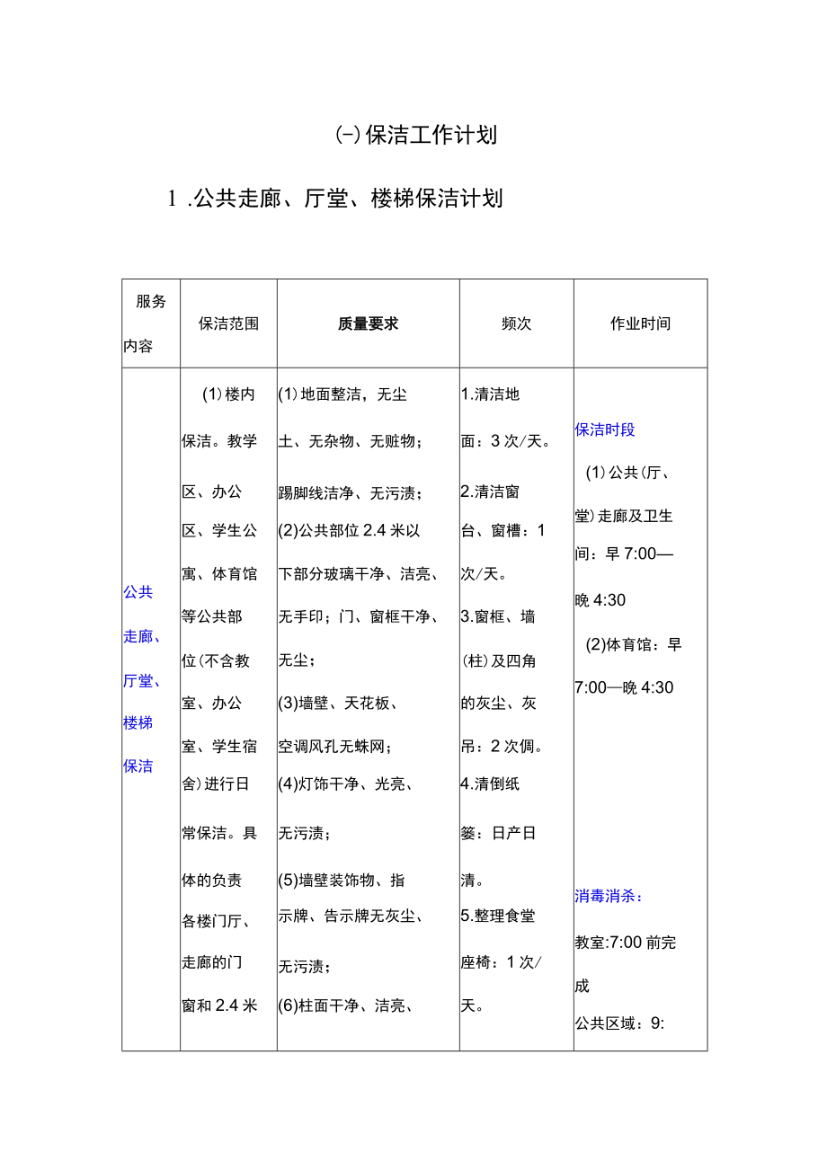 学校物业公共区域保洁工作计划.docx_第1页