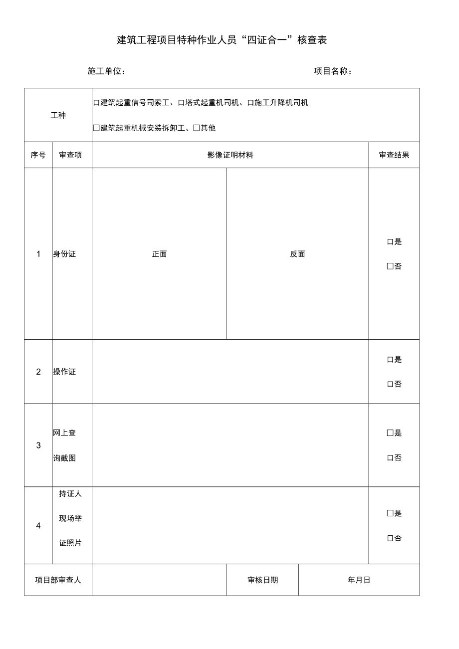 建筑工程项目特种作业人员四证合一核查表.docx_第1页