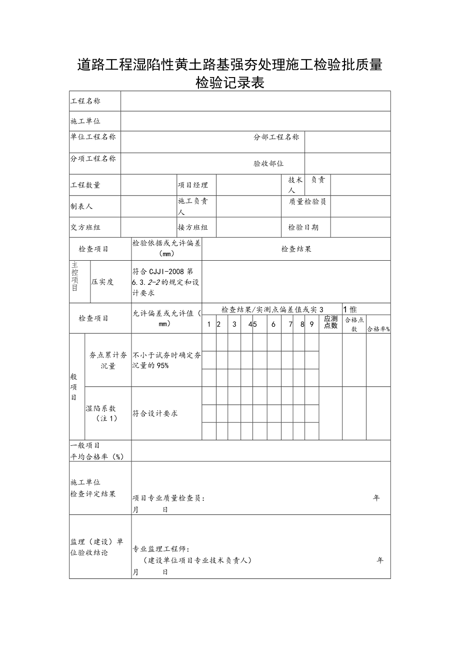 道路工程湿陷性黄土路基强夯处理施工检验批质量检验记录表.docx_第1页