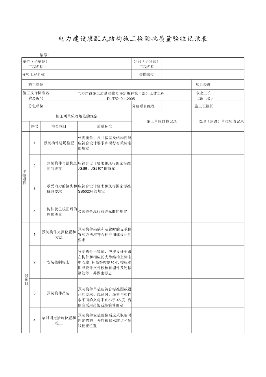 电力建设装配式结构施工检验批质量验收记录表.docx_第1页