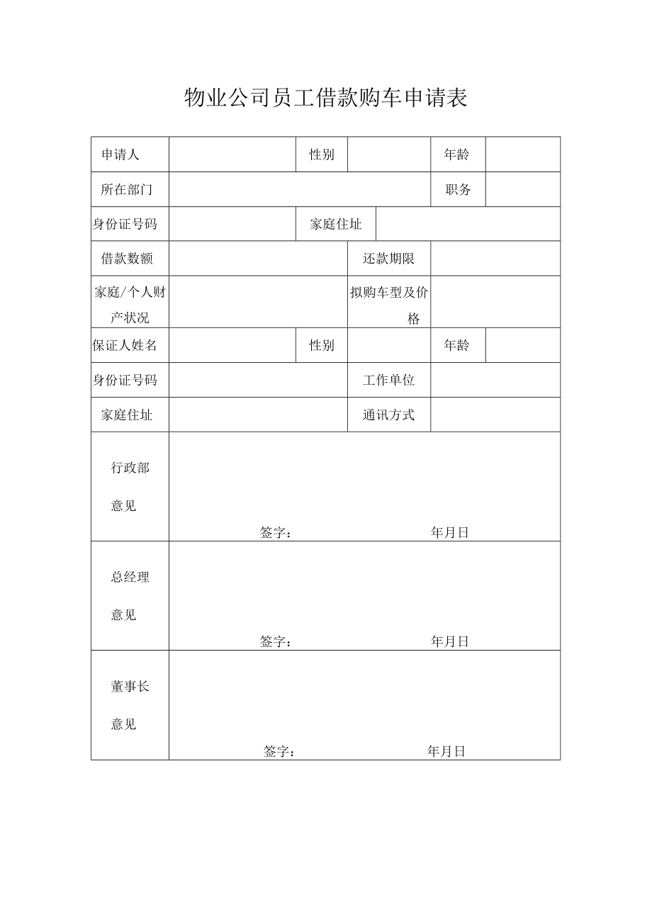 物业公司员工借款购车申请表.docx_第1页