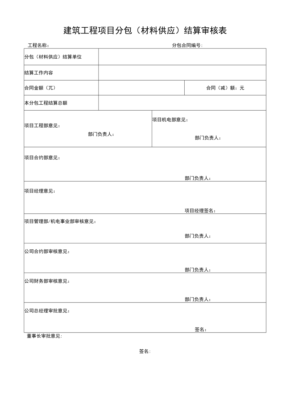 建筑工程项目分包（材料供应）结算审核表.docx_第1页