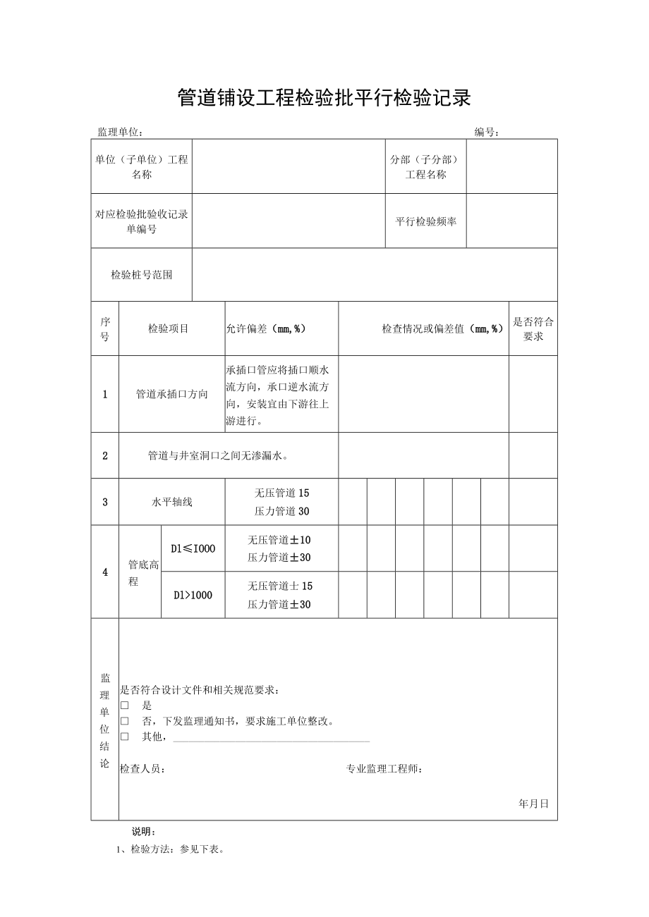 管道铺设工程检验批平行检验记录.docx_第1页