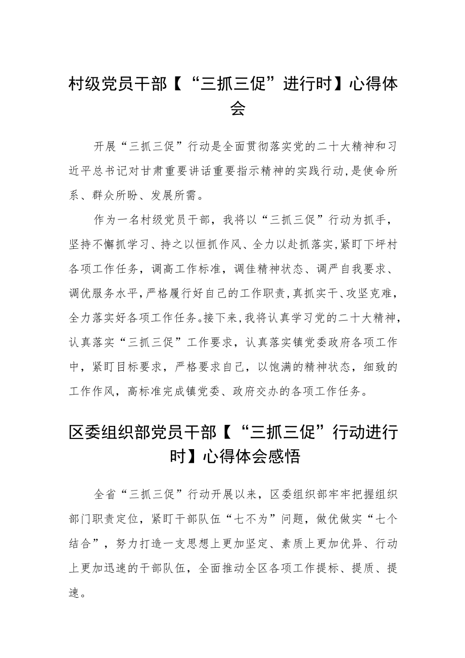 村级党员干部【“三抓三促”进行时】心得体会三篇.docx_第1页