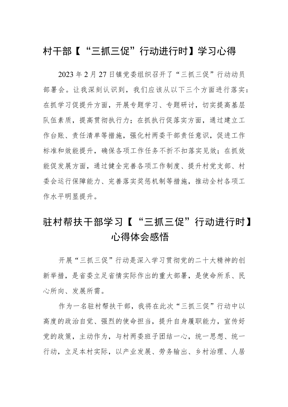 村干部【“三抓三促”行动进行时】学习心得体会合篇【三篇】.docx_第1页