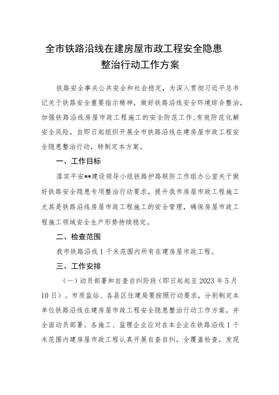 全市铁路沿线在建房屋市政工程安全隐患整治行动工作方案.docx_第1页