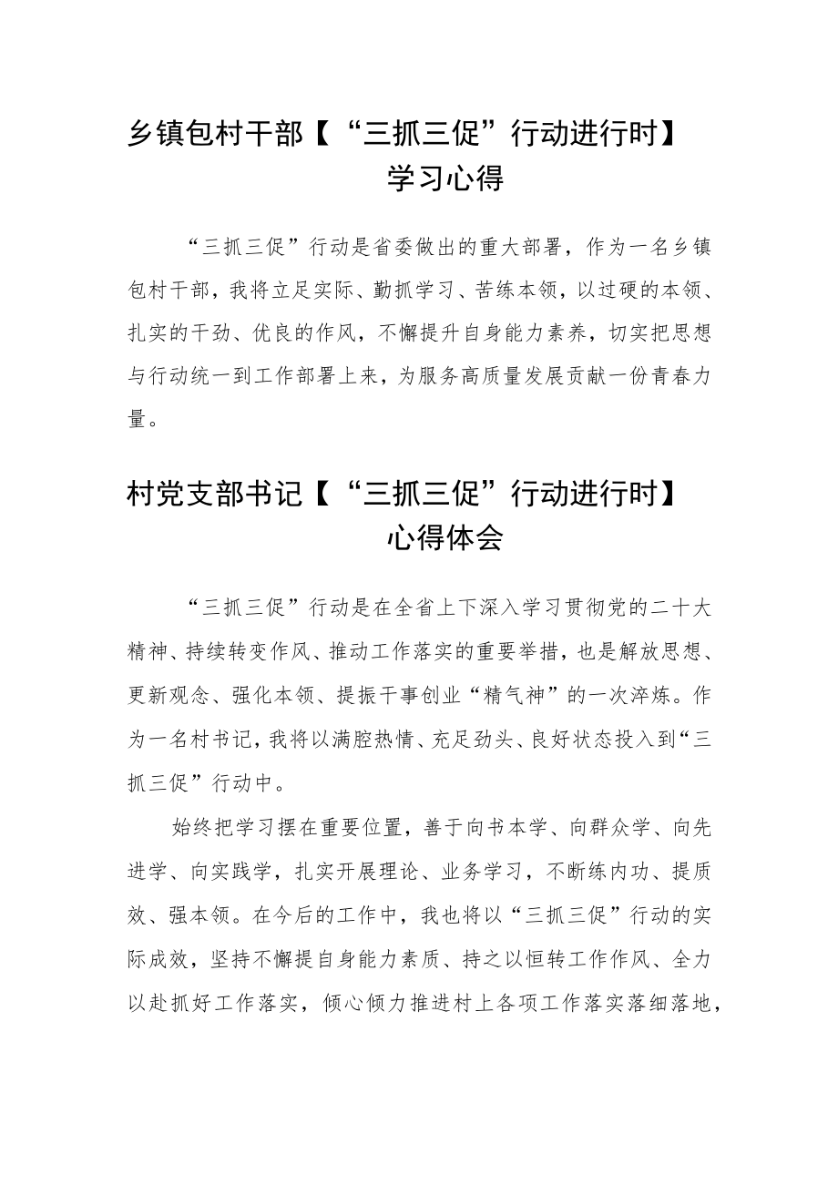 乡镇包村干部【“三抓三促”行动进行时】学习心得三篇.docx_第1页