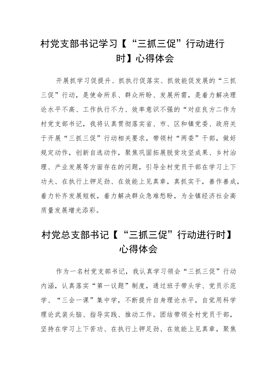 村党支部书记学习【“三抓三促”行动进行时】心得体会合篇【三篇】.docx_第1页