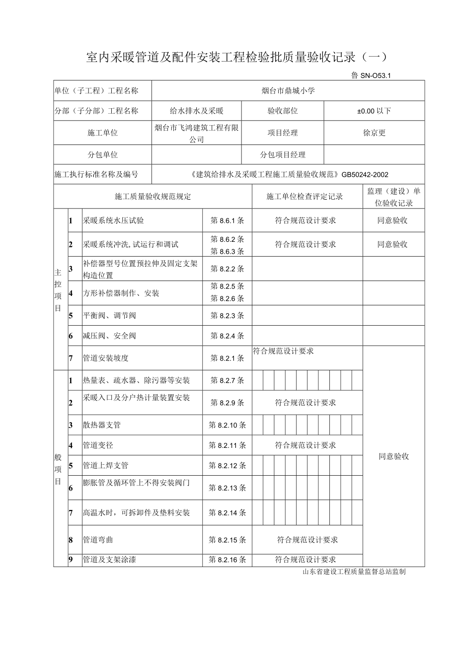 鲁SN－053.1室内采暖管道及配件安装工程检验批质量验收记录（一）.docx_第1页