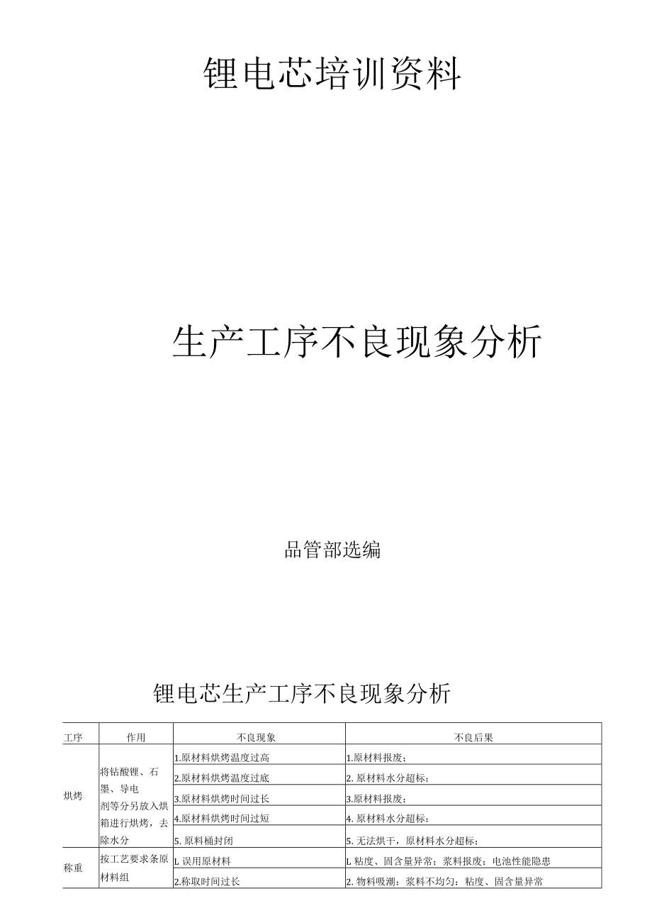 锂电芯培训资料生产工序不良分析.docx_第1页