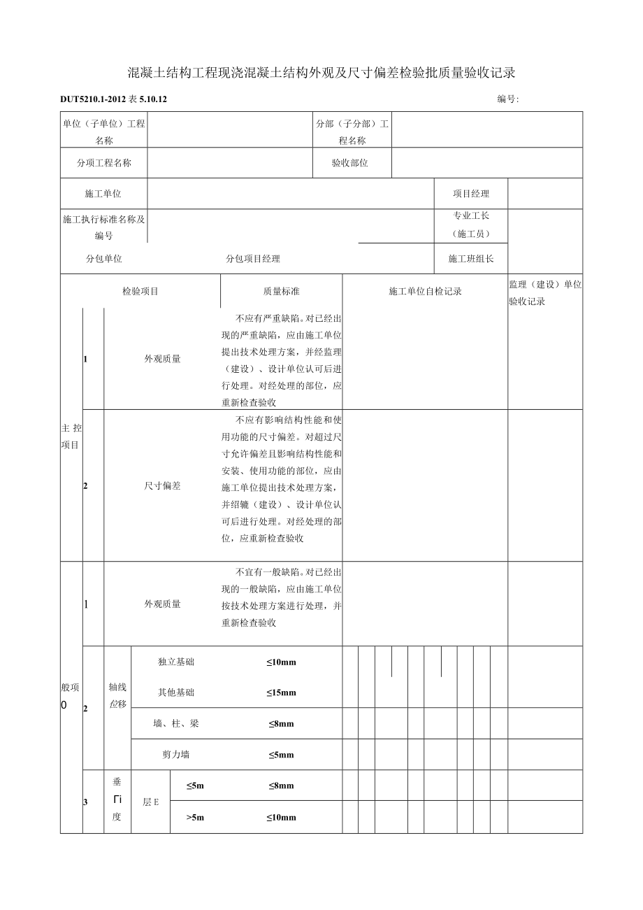 表5.10.12 现浇混凝土结构外观及尺寸偏差 检验批质量验收记录.docx_第1页