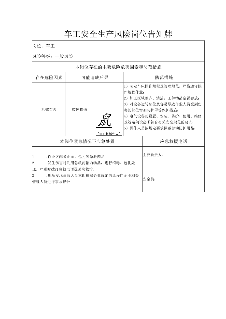 车工安全生产风险岗位告知牌.docx_第1页