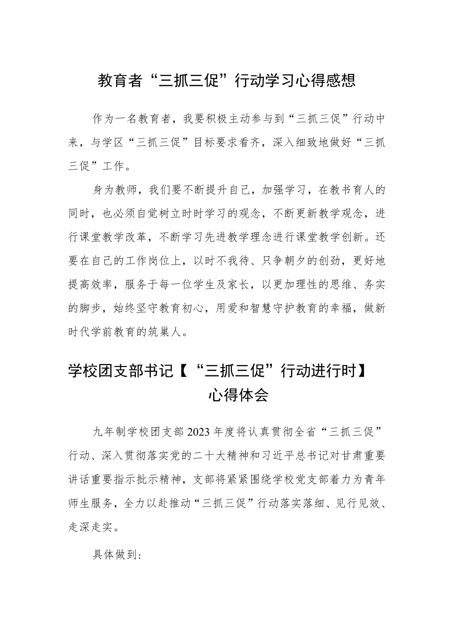 教育者“三抓三促”行动学习心得感想精选范文(三篇).docx_第1页