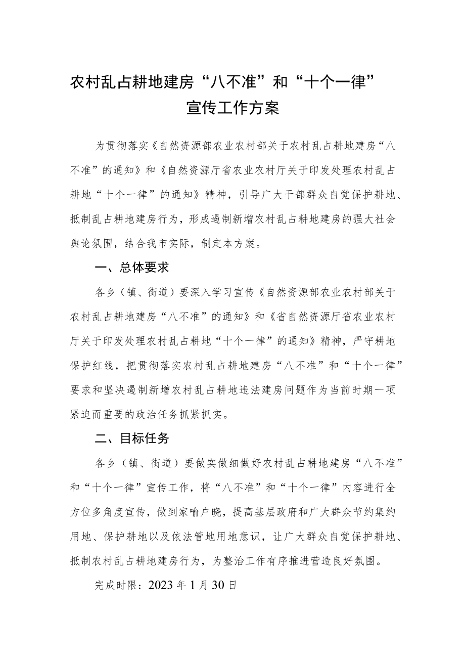 农村乱占耕地建房“八不准”和“十个一律”宣传工作方案.docx_第1页