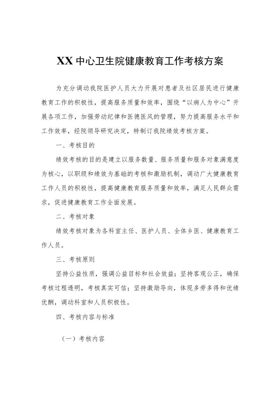 XX中心卫生院健康教育工作考核方案.docx_第1页