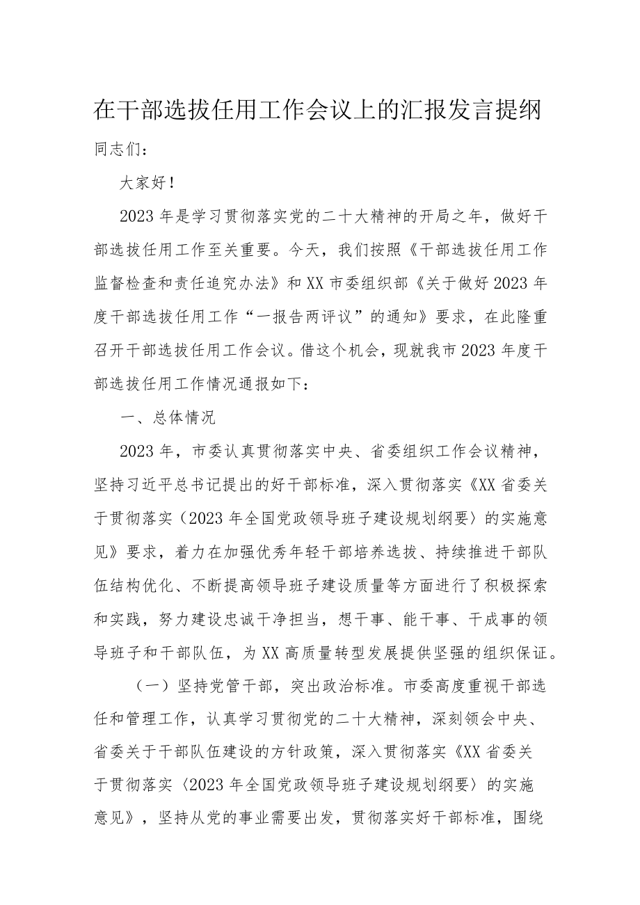 在干部选拔任用工作会议上的汇报发言提纲.docx_第1页