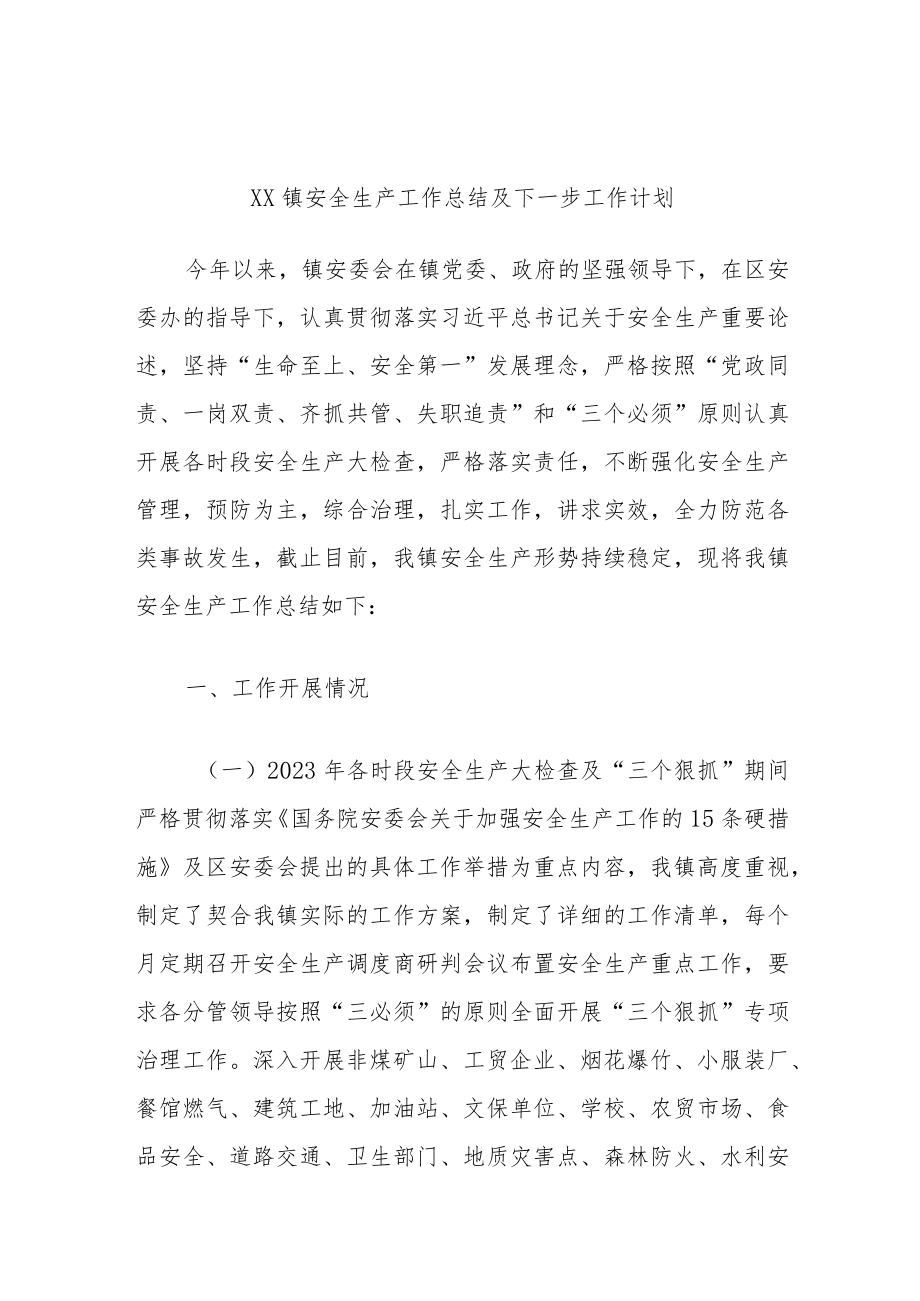 XX镇安全生产工作总结及下一步工作计划.docx_第1页