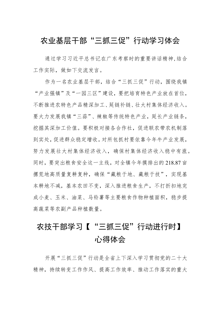 农业基层干部“三抓三促”行动学习体会精选范文(3篇).docx_第1页