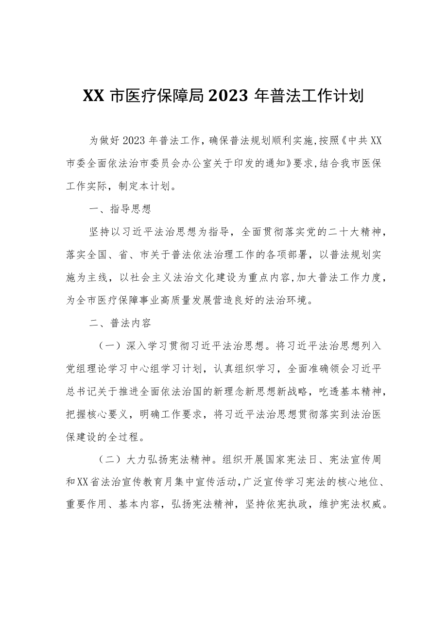 XX市医疗保障局2023年普法工作计划.docx_第1页