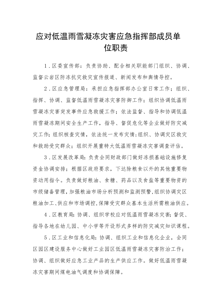 应对低温雨雪凝冻灾害应急指挥部成员单位职责.docx_第1页