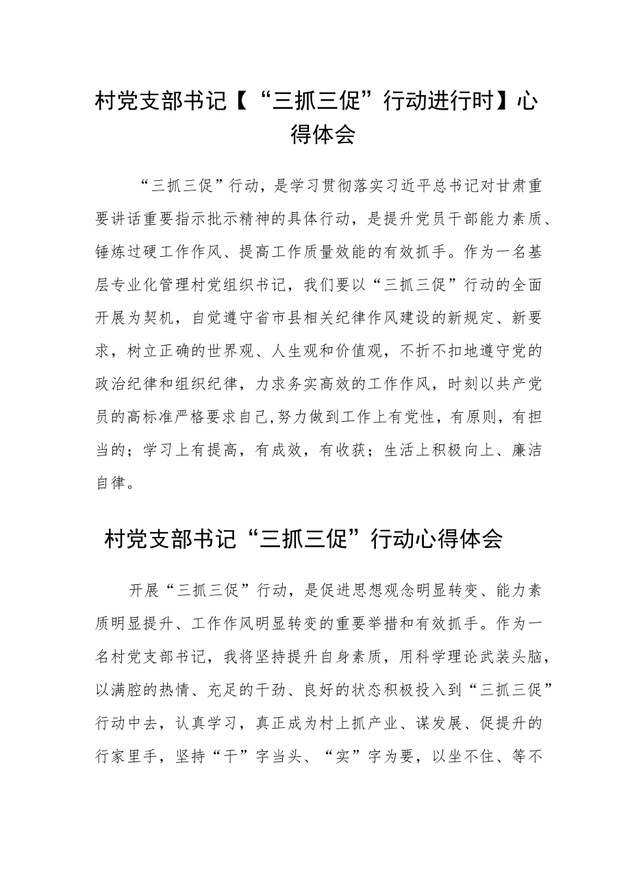 村党支部书记【“三抓三促”行动进行时】心得体会精选范文(三篇).docx_第1页