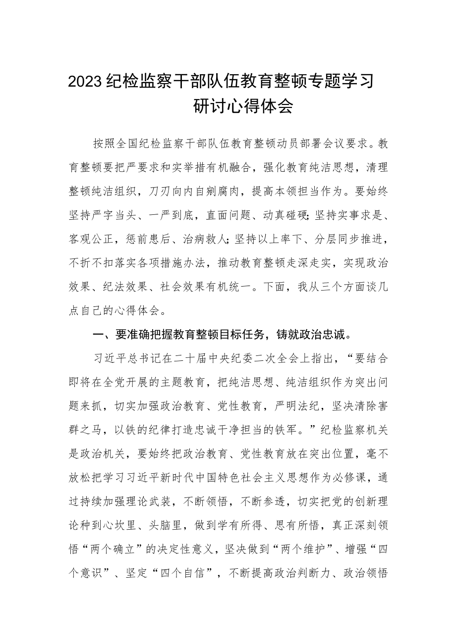 2023纪检监察干部队伍教育整顿专题学习研讨心得体会范文三篇汇编.docx_第1页