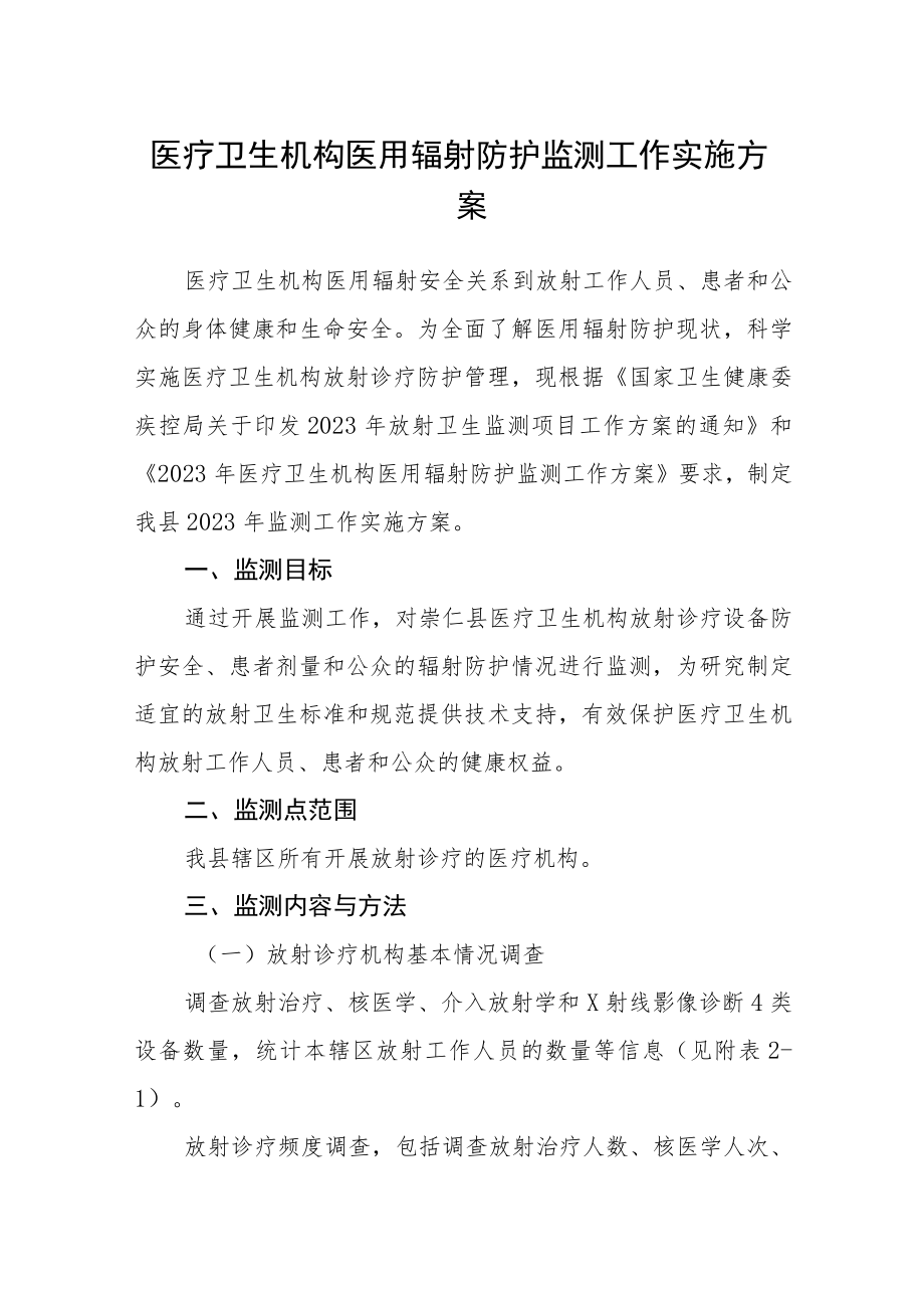 医疗卫生机构医用辐射防护监测工作实施方案.docx_第1页