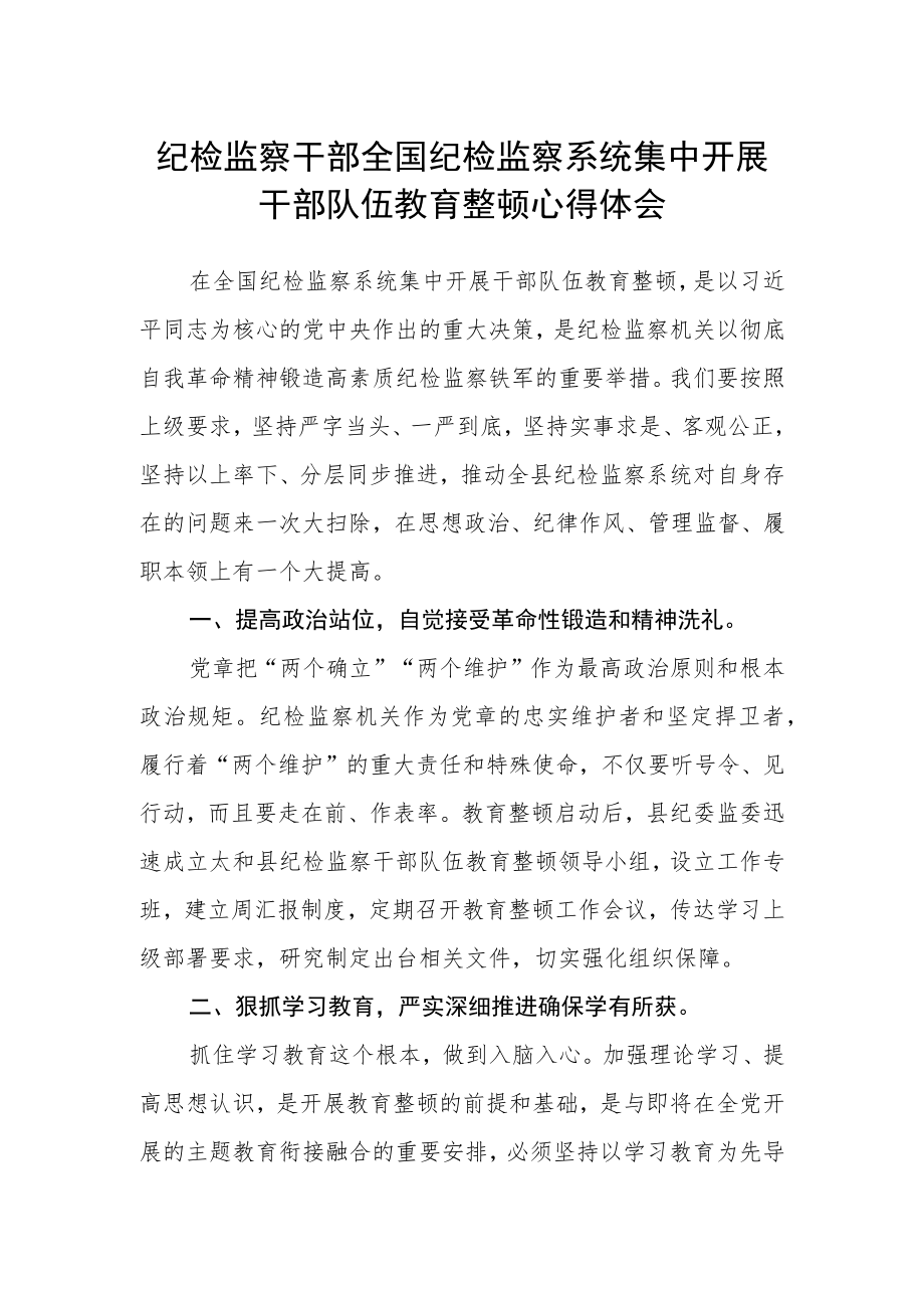 纪检监察干部全国纪检监察系统集中开展干部队伍教育整顿心得体.docx_第1页