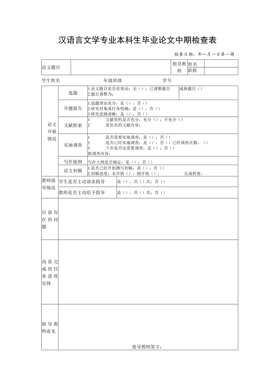 汉语言文学专业本科生毕业论文中期检查表.docx_第1页