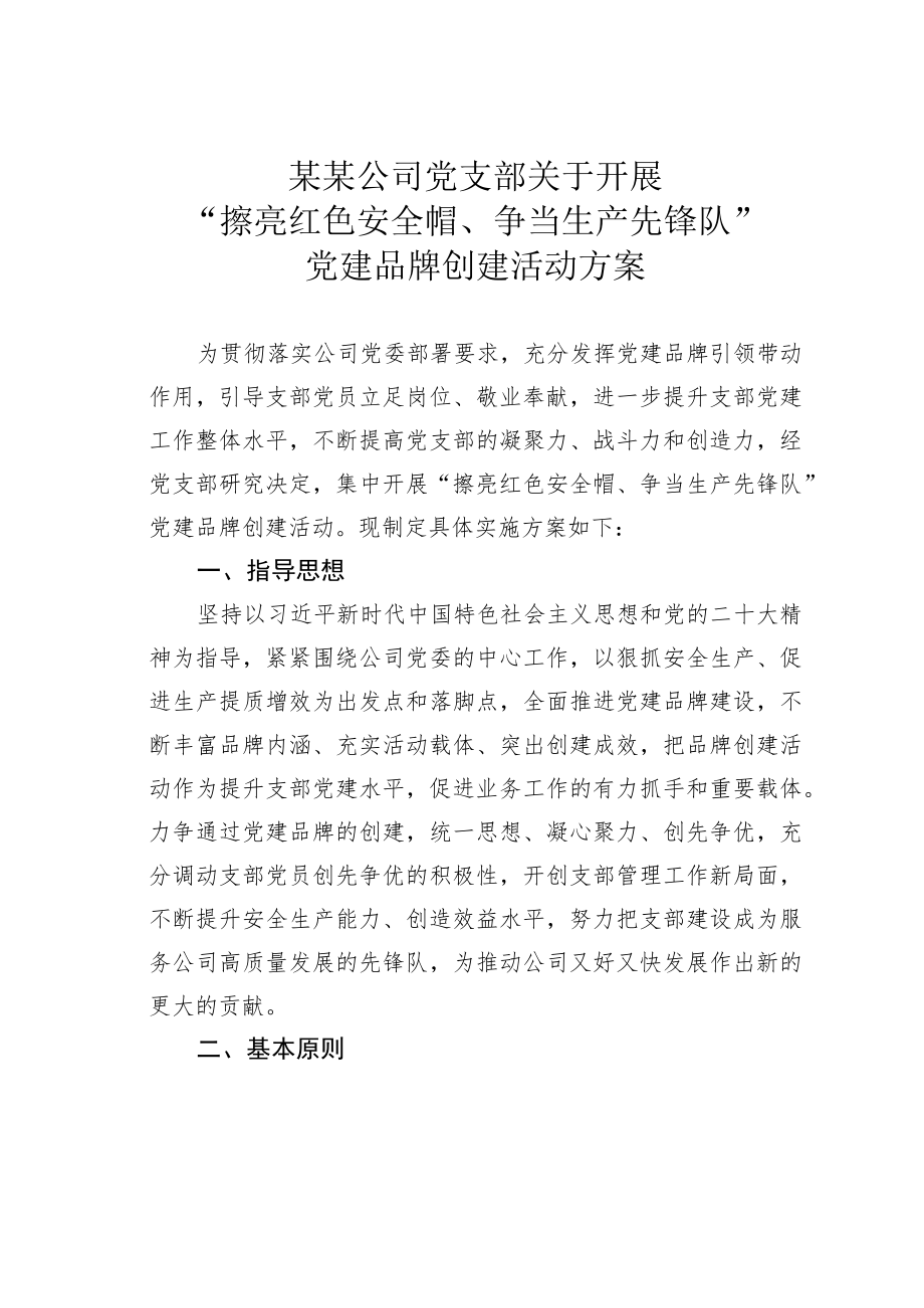 某某公司党支部关于开展“擦亮红色安全帽、争当生产先锋队”党建品牌创建活动方案.docx_第1页