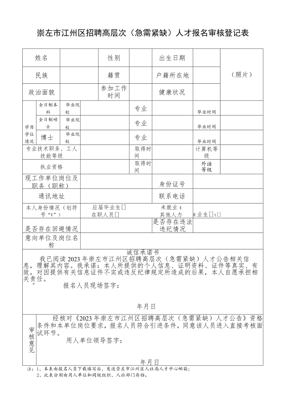 年崇左市江州区招聘高层次（急需紧缺）人才报名审核登记表.docx_第1页