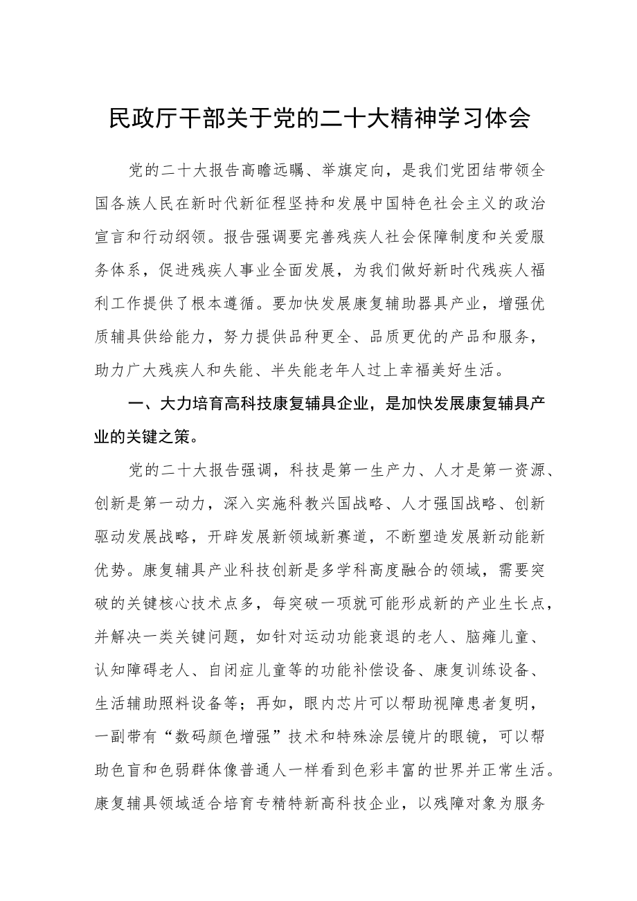 民政厅干部关于党的二十大精神学习心得体会范文三篇.docx_第1页