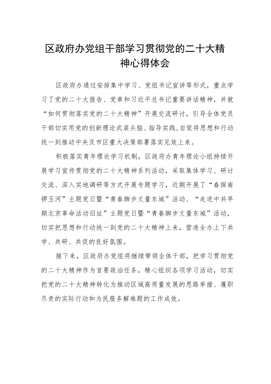 区政府办党组干部学习贯彻党的二十大精神心得体会.docx_第1页