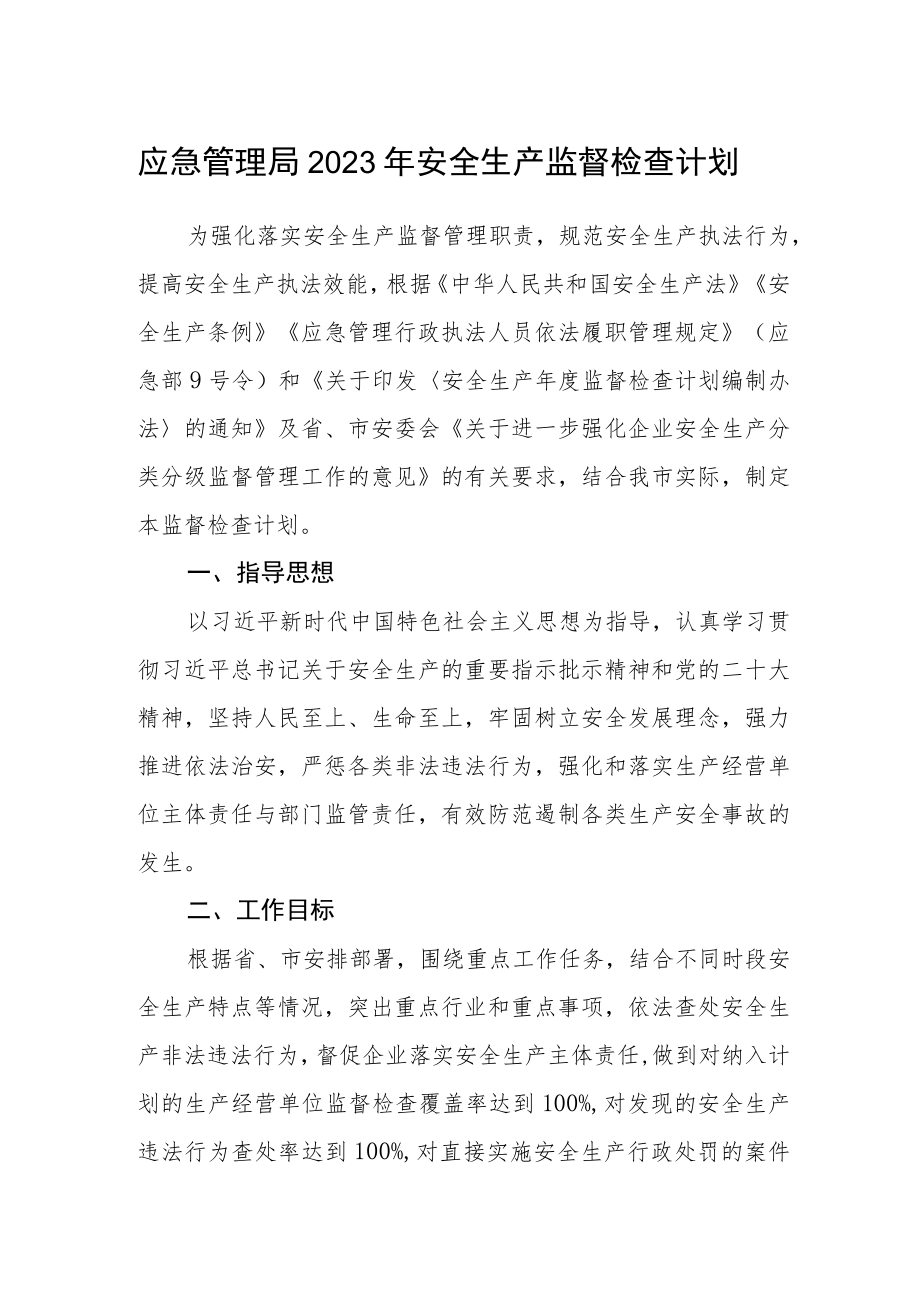 应急管理局2023年安全生产监督检查计划.docx_第1页