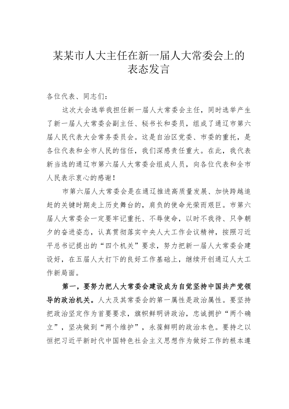 某某市人大主任在新一届人大常委会上的表态发言.docx_第1页