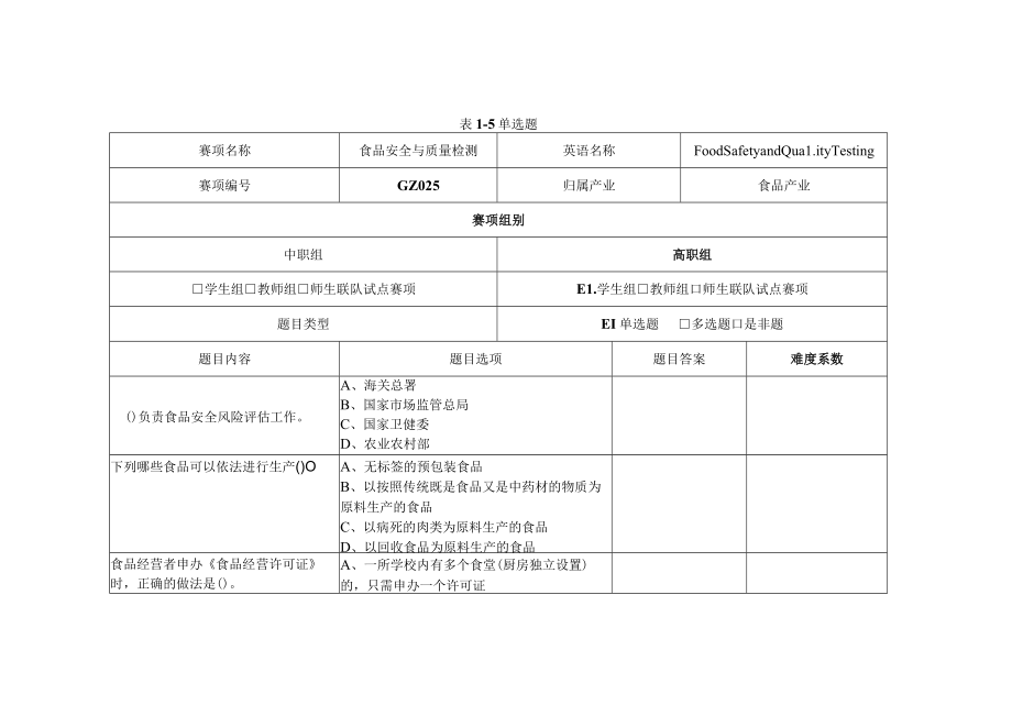 GZ025 食品安全与质量检测赛题第5套-2023年全国职业院校技能大赛拟设赛项赛题完整版（10套）.docx_第1页