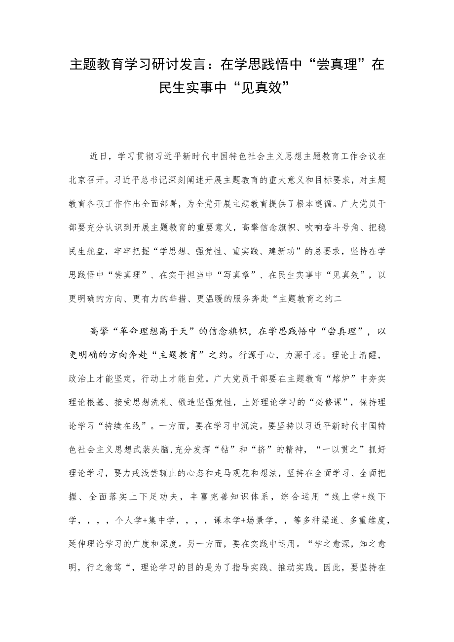 主题教育学习研讨发言：在学思践悟中“尝真理” 在民生实事中“见真效”.docx_第1页