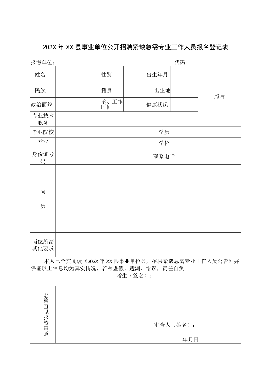 202X年XX县事业单位公开招聘紧缺急需专业工作人员报名登记表.docx_第1页