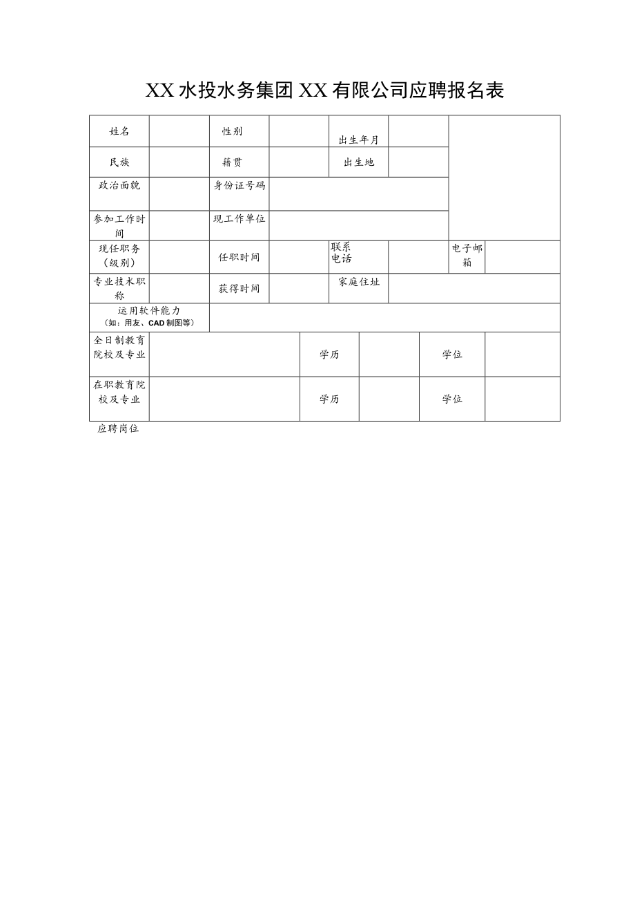 XX水投水务集团XX有限公司应聘报名表.docx_第1页