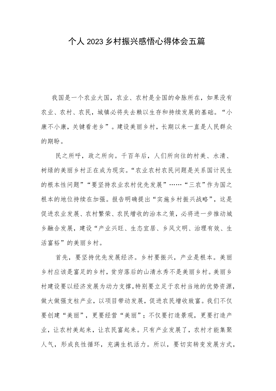 个人2023乡村振兴感悟心得体会五篇.docx_第1页