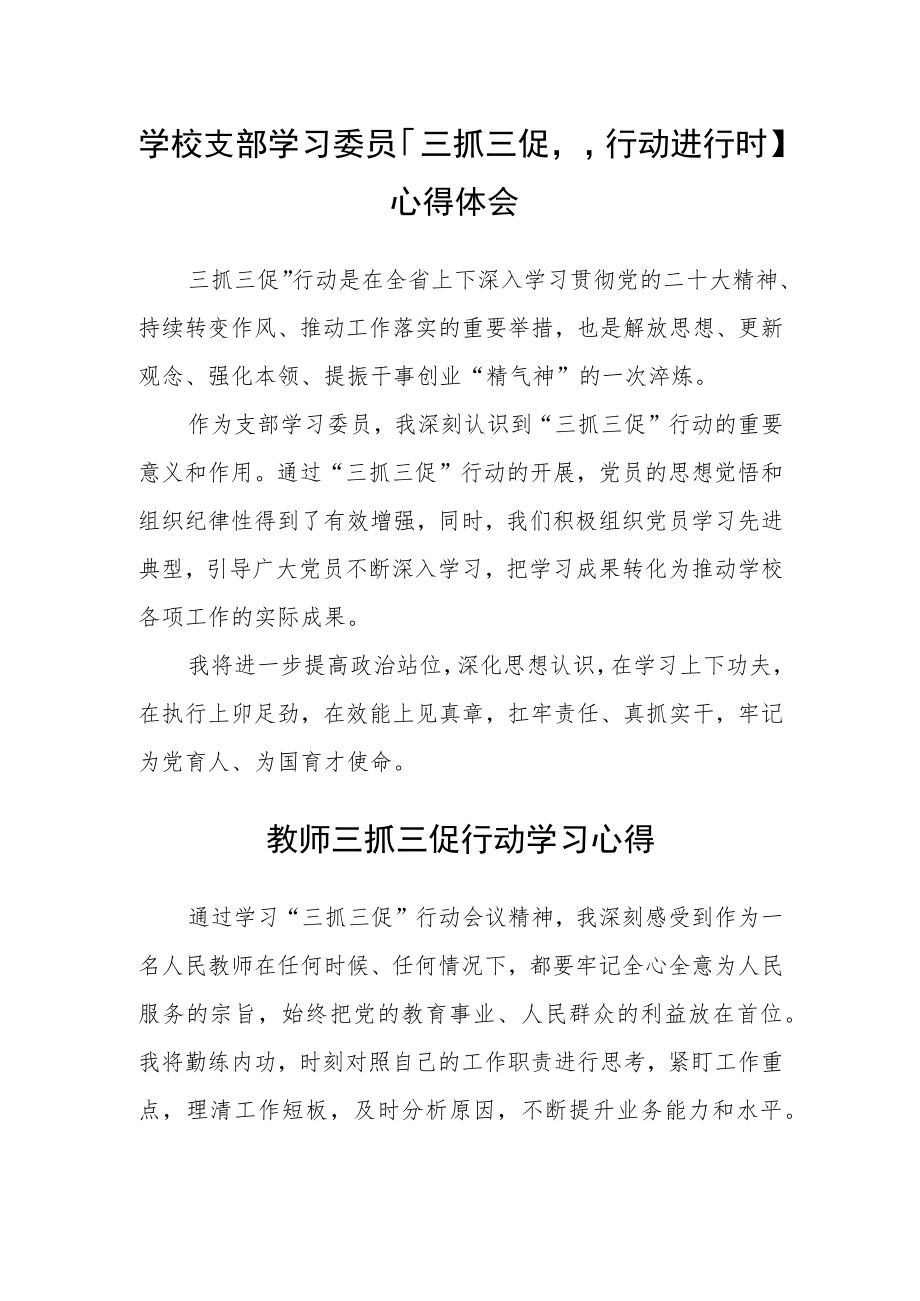 （共三篇）学校支部学习委员【“三抓三促”行动进行时】心得体会.docx_第1页