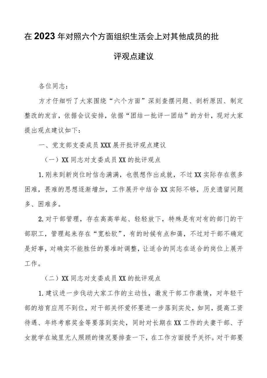 在2023年对照六个方面组织生活会上对其他成员的批评意见建议.docx_第1页