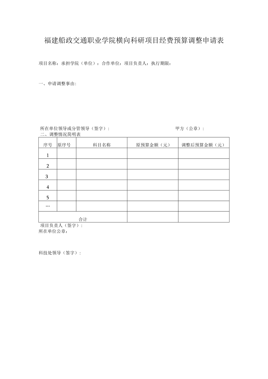 福建船政交通职业学院横向科研项目经费预算调整申请表.docx_第1页