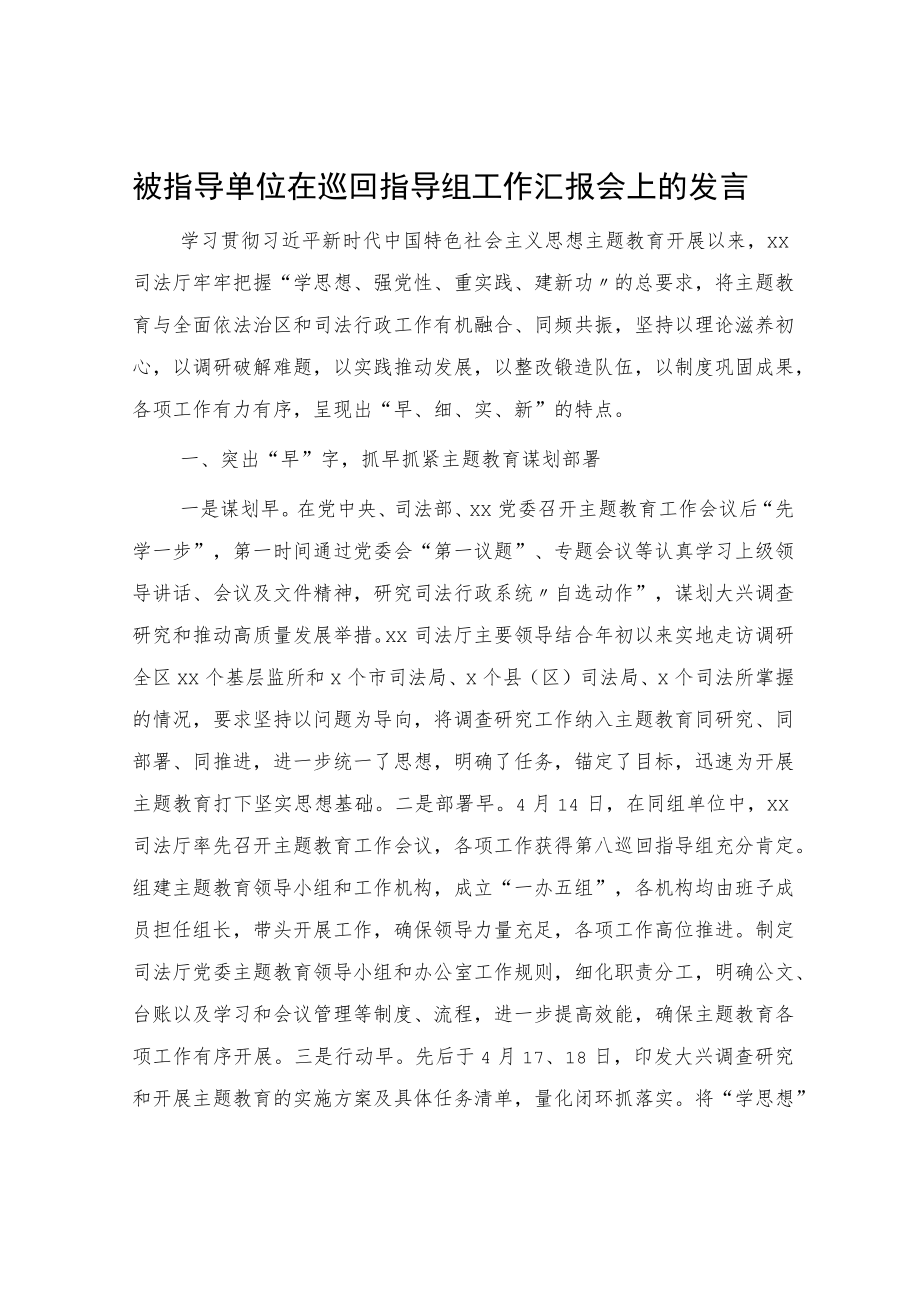 在主题教育巡回指导组工作汇报会上的汇报发言（司法主题教育总结2900字）.docx_第1页