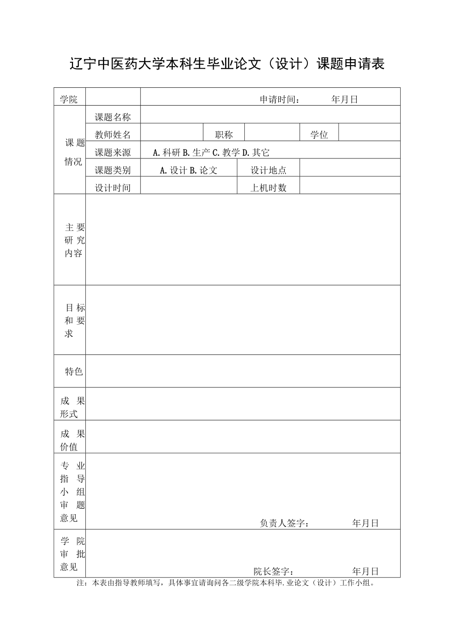 辽宁中医药大学本科生毕业论文设计课题申请表.docx_第1页