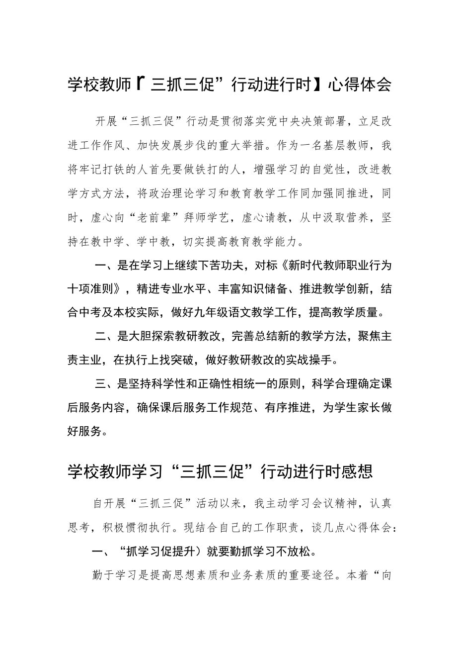 （共三篇）学校教师【“三抓三促”行动进行时】心得体会.docx_第1页