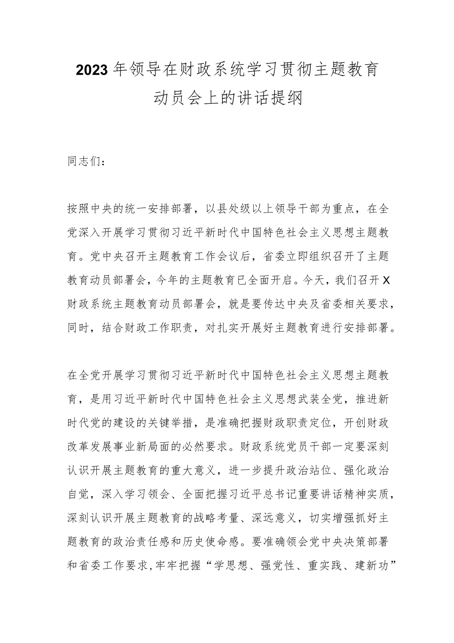 2023年领导在财政系统学习贯彻主题教育动员会上的讲话提纲.docx_第1页