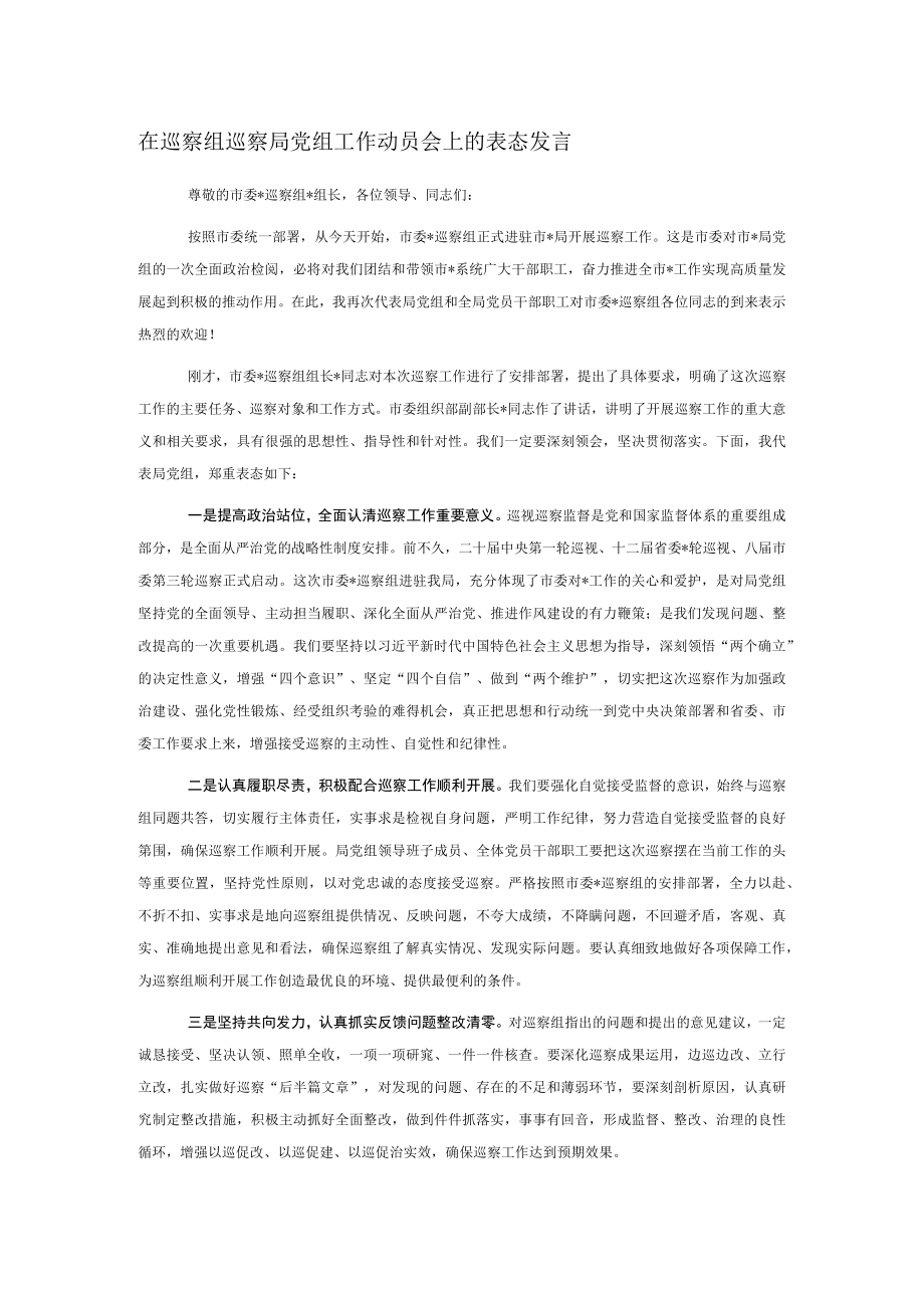 在巡察组巡察局党组工作动员会上的表态发言.docx_第1页