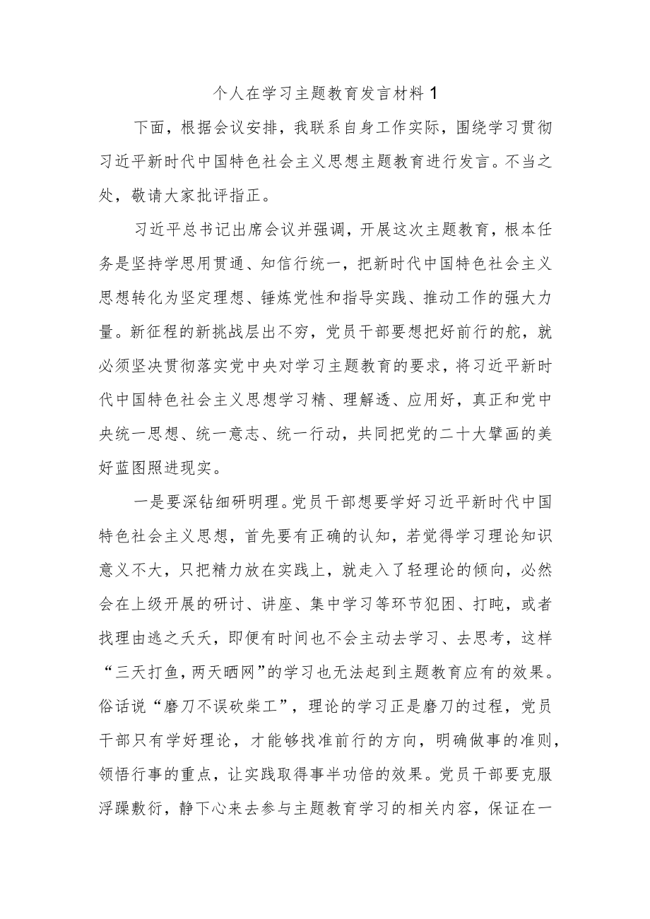 【最新文档】个人在学习主题教育发言材料.docx_第1页