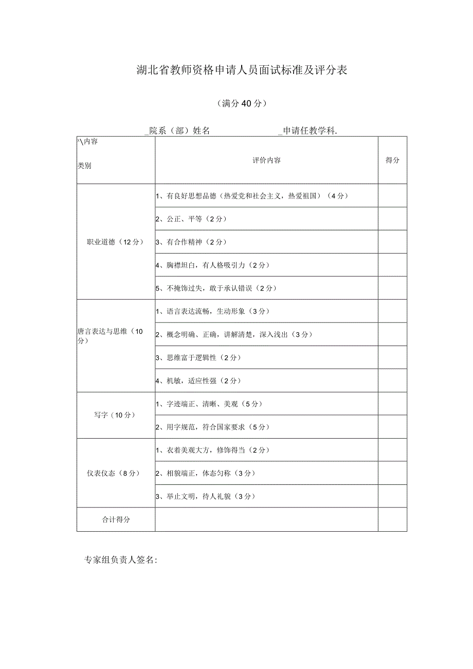 湖北省教师资格申请人员面试标准及评分表.docx_第1页